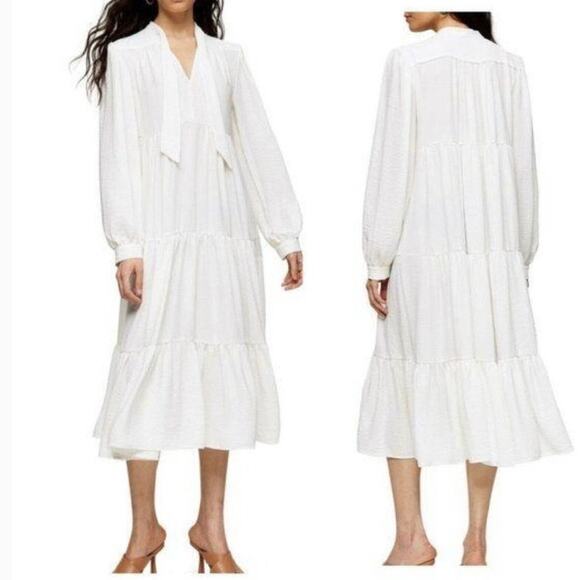 Topshop Tiered Tie Neck Chuckon Midi Dress Gray Women's Size 8 - Picture 5 of 5